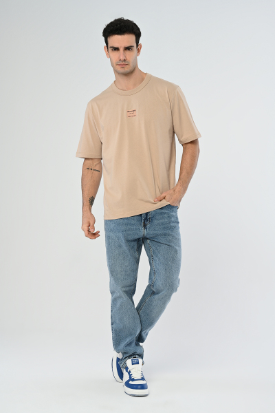 Bej Yazı Detaylı Oversize Tişört