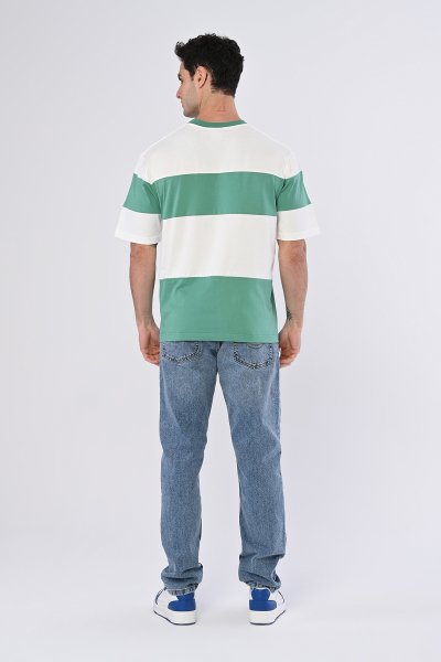 Yeşil Beyaz Şerit Detaylı Yazılı Oversize Tişört