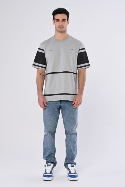 Gri Just The Product Yazılı Şeritli Oversize Tişört