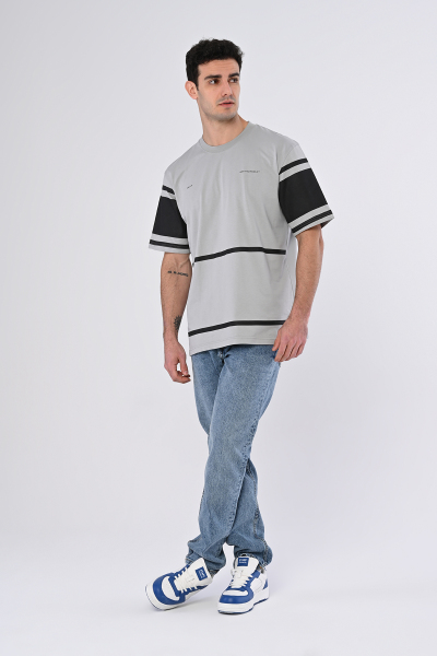 Gri Just The Product Yazılı Şeritli Oversize Tişört