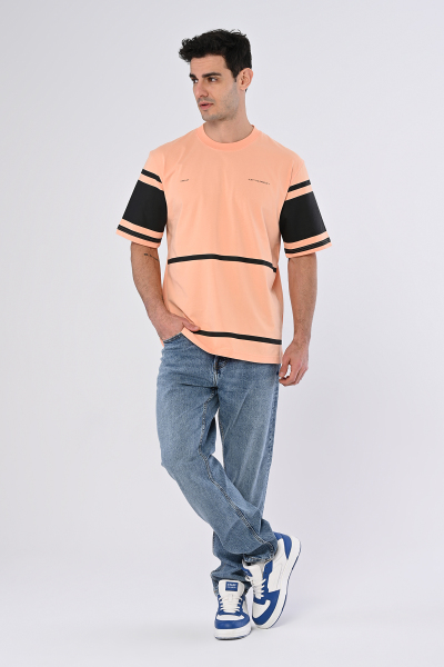 Turuncu Just The Product Yazılı Şeritli Oversize Tişört