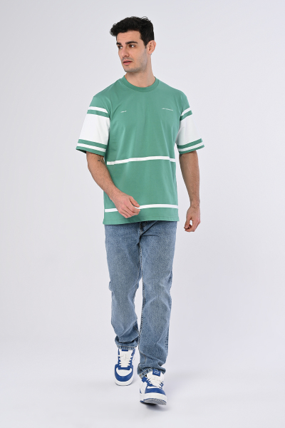 Yeşil Just The Product Yazılı Şeritli Oversize Tişört