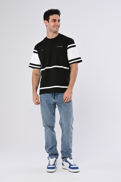Siyah Just The Product Yazılı Şeritli Oversize Tişört