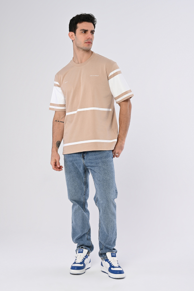 Bej Just The Product Yazılı Şeritli Oversize Tişört
