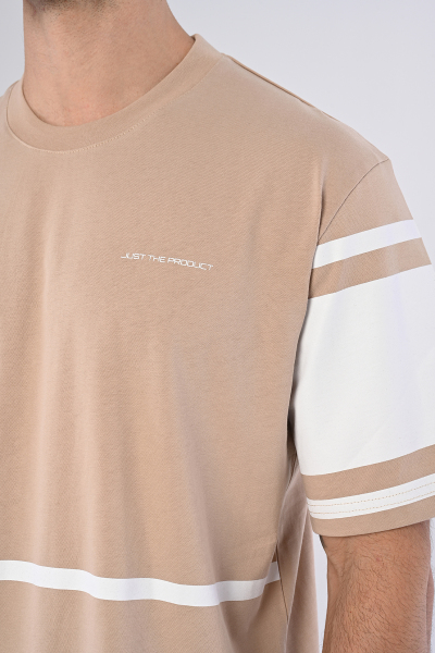 Bej Just The Product Yazılı Şeritli Oversize Tişört