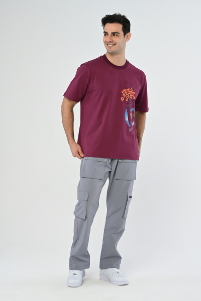Bordo Baskı Detaylı Çiçekli Oversize Tişört