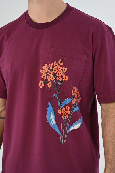 Bordo Baskı Detaylı Çiçekli Oversize Tişört