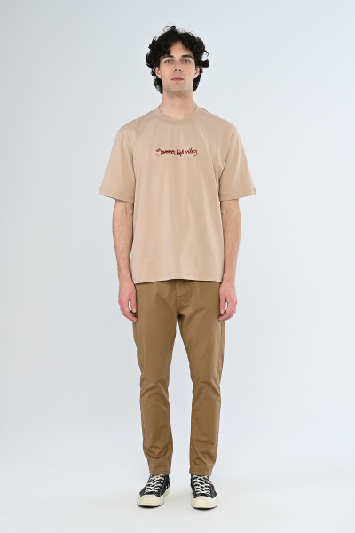 Bej Summer High Vibes Yazılı Arka Baskılı Oversize Tişört