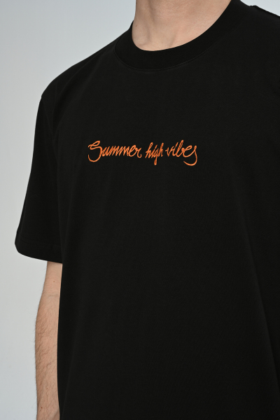 Siyah Summer High Vibes Yazılı Arka Baskılı Oversize Tişört