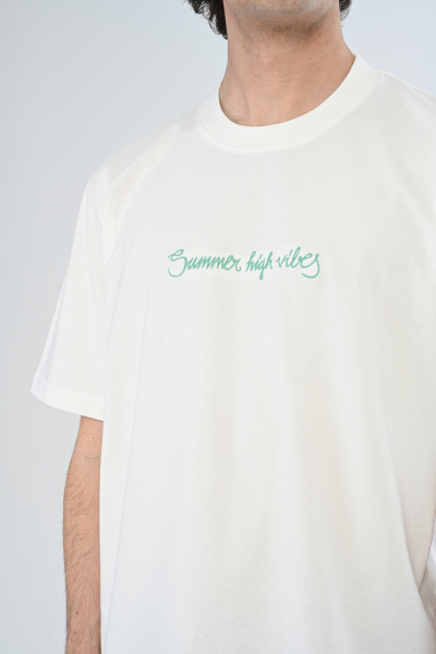 Beyaz Summer High Vibes Yazılı Arka Baskılı Oversize Tişört