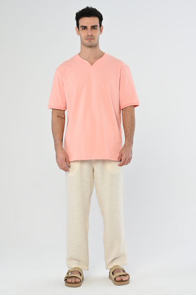 Pembe Yarım V Yaka Oversize Tişört