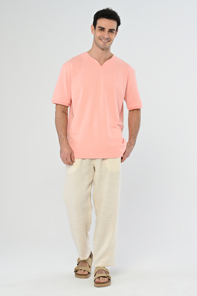 Pembe Yarım V Yaka Oversize Tişört