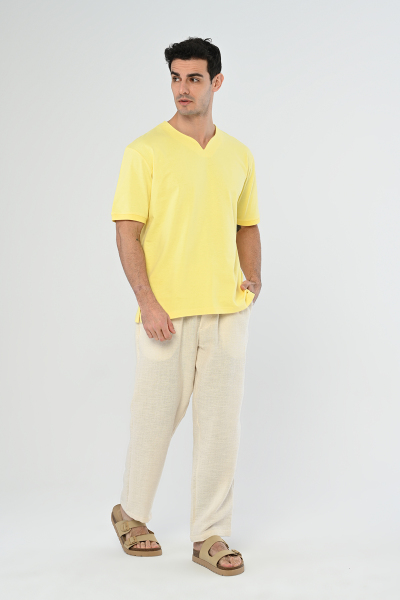 Sarı Yarım V Yaka Oversize Tişört