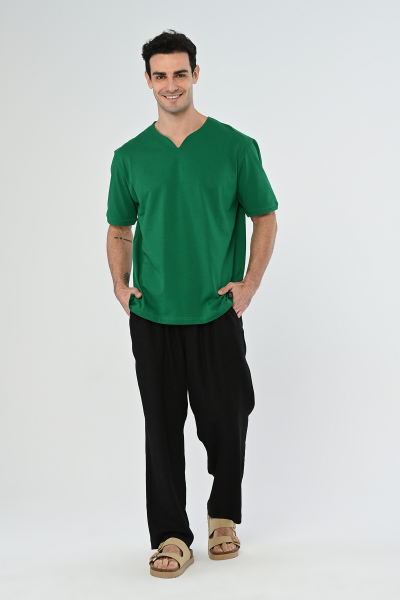 Yeşil Yarım V Yaka Oversize Tişört