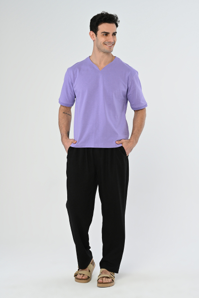 Eflatun Yarım V Yaka Oversize Tişört
