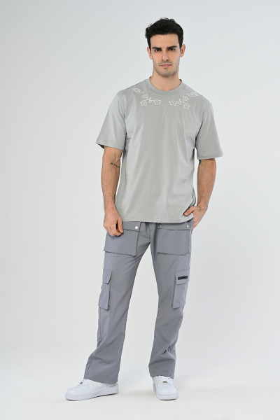 Gri Yaka ve Arka Desen Detaylı Oversize Tişört