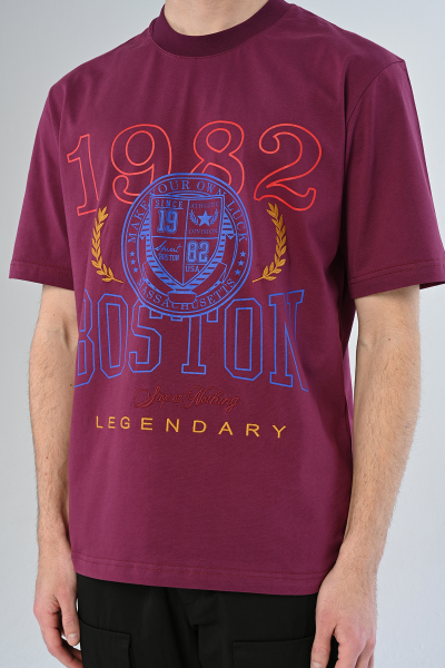 Bordo 1982 Boston Yazılı Oversize Tişört