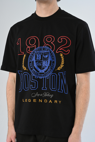 Siyah 1982 Boston Yazılı Oversize Tişört