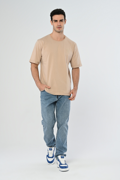 Bej Nakış Detaylı Oversize Basic Tişört