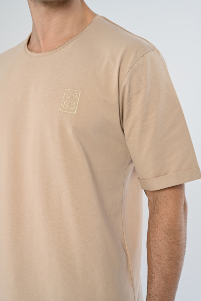 Bej Nakış Detaylı Oversize Basic Tişört