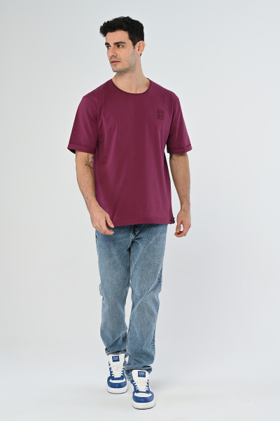 Bordo Nakış Detaylı Oversize Basic Tişört