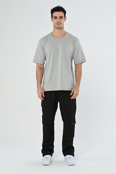 Gri Nakış Detaylı Oversize Basic Tişört