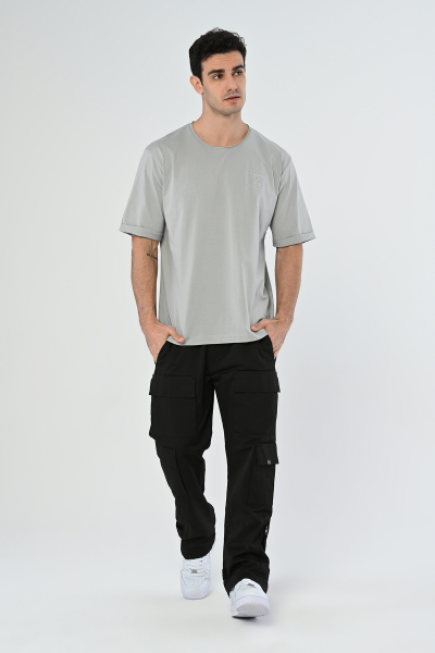 Gri Nakış Detaylı Oversize Basic Tişört