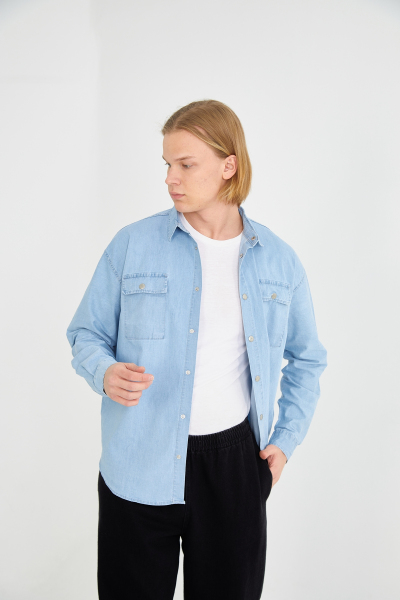 Buz Mavisi Çıtçıt Düğme Detaylı Oversize Kot Gömlek