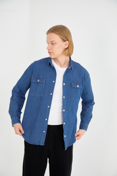 Lacivert Çıtçıt Düğme Detaylı Oversize Kot Gömlek