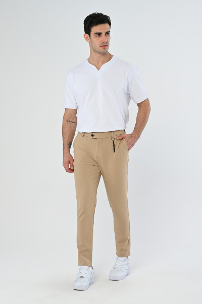 Bej Köprü Aksesuarlı Slim Fit Kumaş Pantolon