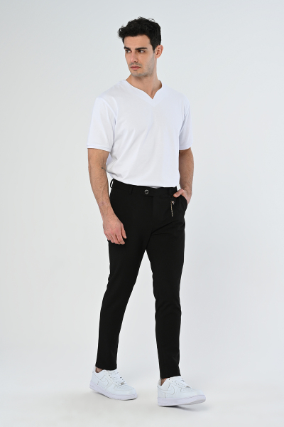 Siyah Köprü Aksesuarlı Slim Fit Kumaş Pantolon