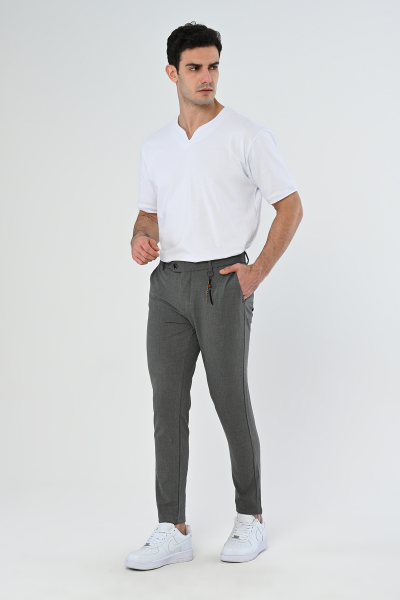 Koyu Gri Köprü Aksesuarlı Slim Fit Kumaş Pantolon