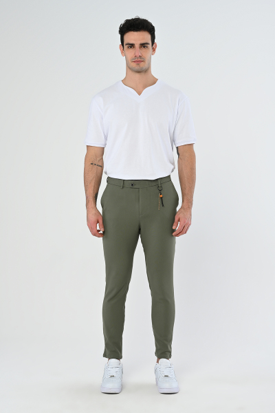 Haki Köprü Aksesuarlı Slim Fit Kumaş Pantolon