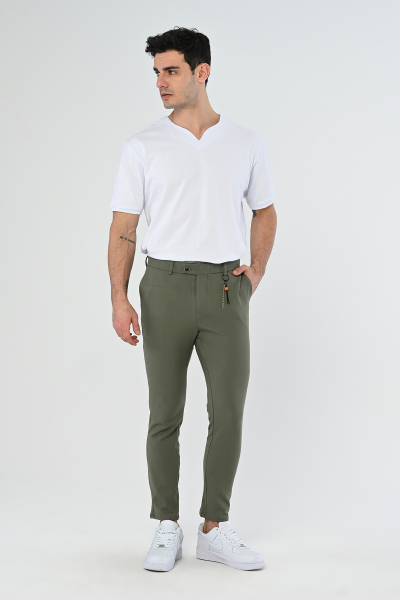 Haki Köprü Aksesuarlı Slim Fit Kumaş Pantolon