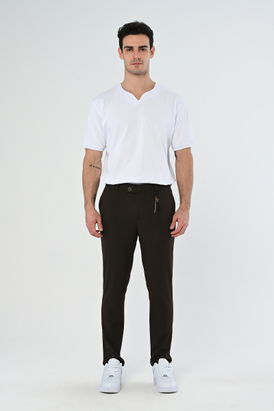 Kahve Köprü Aksesuarlı Slim Fit Kumaş Pantolon