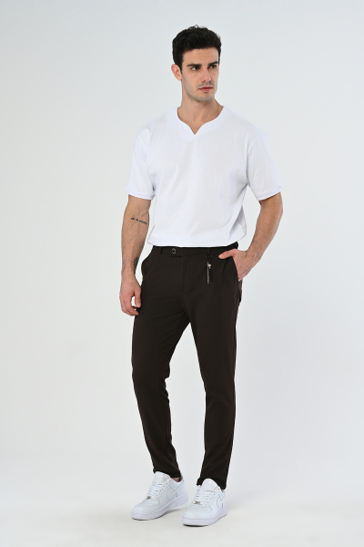 Kahve Köprü Aksesuarlı Slim Fit Kumaş Pantolon
