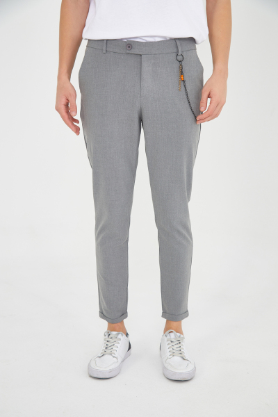 Gri Zincir Detaylı Slim Fit Kumaş Pantolon