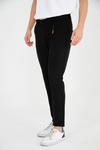 Siyah Zincir Detaylı Slim Fit Kumaş Pantolon