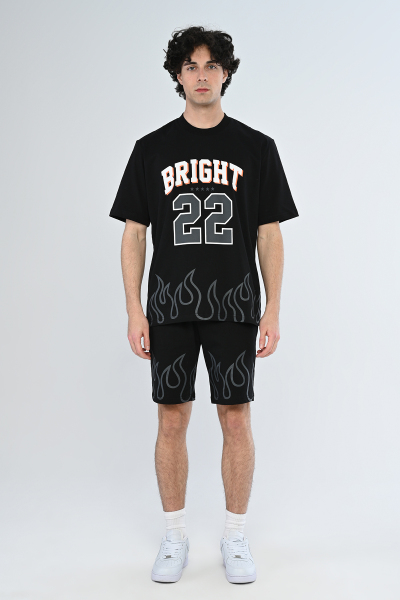 Siyah BRIGHT 22 Yazılı Alev Desenli Şort Takım