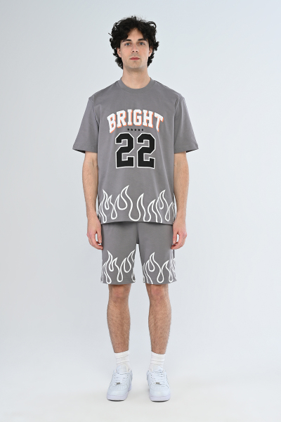 Gri BRIGHT 22 Yazılı Alev Desenli Şort Takım