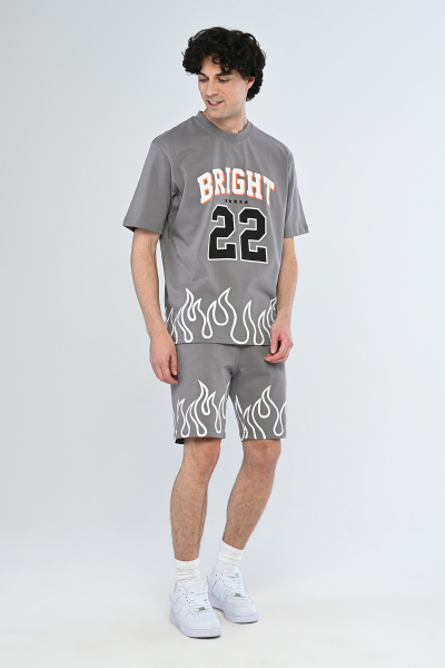 Gri BRIGHT 22 Yazılı Alev Desenli Şort Takım