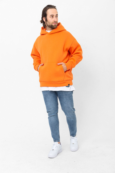 Turuncu 3 İplik Şardonlu Kanguru Cepli Kapşonlu Sweatshirt