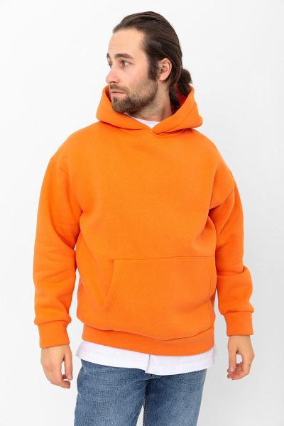 Turuncu 3 İplik Şardonlu Kanguru Cepli Kapşonlu Sweatshirt
