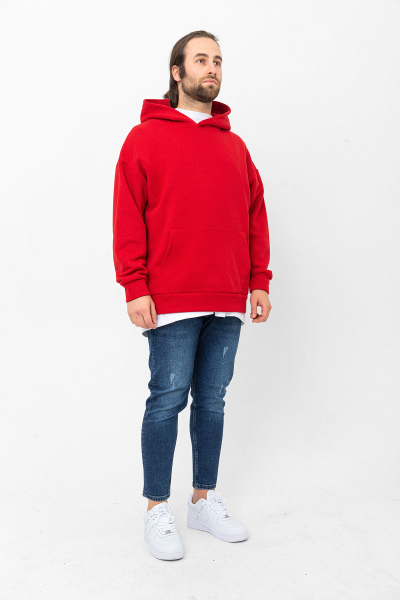 Kırmızı 3 İplik Şardonlu Kanguru Cepli Kapşonlu Sweatshirt