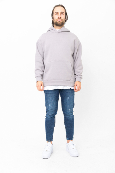 Gri 3 İplik Şardonlu Kanguru Cepli Kapşonlu Sweatshirt