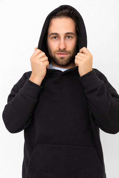 Siyah 3 İplik Şardonlu Kanguru Cepli Kapşonlu Sweatshirt