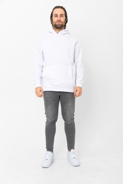 Beyaz 3 İplik Şardonlu Kanguru Cepli Kapşonlu Sweatshirt