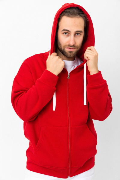Kırmızı 3 İplik Şardonlu Fermuar Detaylı Kanguru Cepli Kapşonlu Sweatshirt