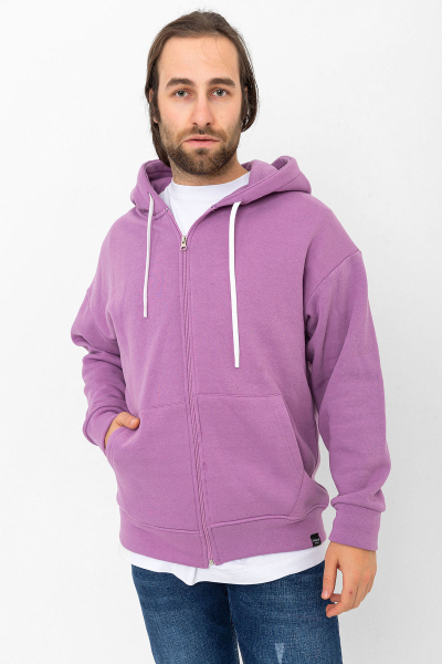 Eflatun 3 İplik Şardonlu Fermuar Detaylı Kanguru Cepli Kapşonlu Sweatshirt