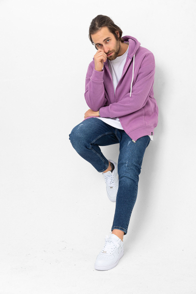 Eflatun 3 İplik Şardonlu Fermuar Detaylı Kanguru Cepli Kapşonlu Sweatshirt